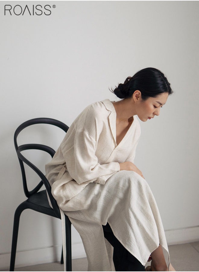 roaiss - Women's Casual Cotton Linen Dress Classic Lapel V-Neckline Loose Long Sleeved Side Slit Fashion Dress - Image 1