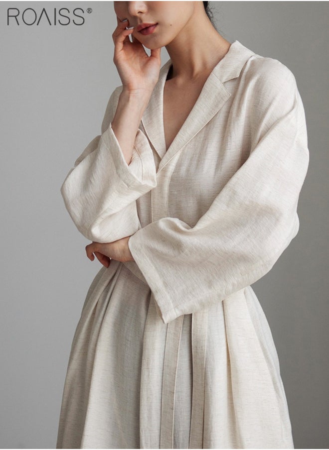 roaiss - Women's Casual Cotton Linen Dress Classic Lapel V-Neckline Loose Long Sleeved Side Slit Fashion Dress - Image 1