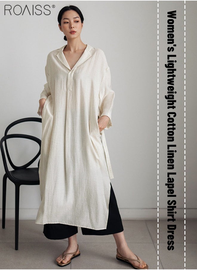 roaiss - Women's Casual Cotton Linen Dress Classic Lapel V-Neckline Loose Long Sleeved Side Slit Fashion Dress - Image 1