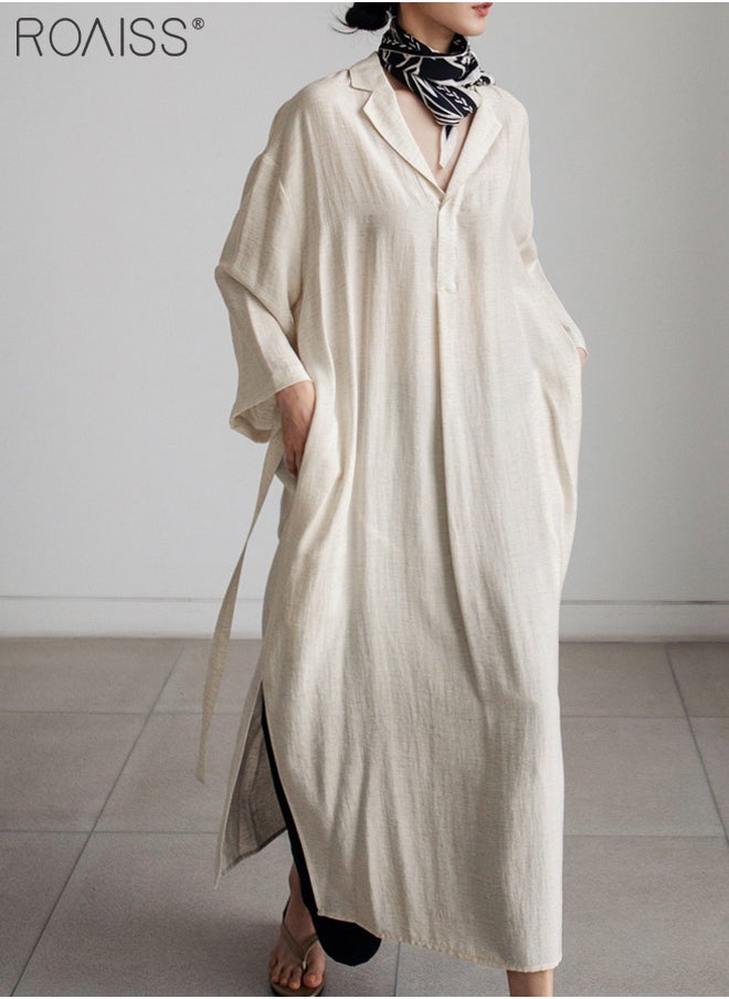 roaiss - Women's Casual Cotton Linen Dress Classic Lapel V-Neckline Loose Long Sleeved Side Slit Fashion Dress - Image 1