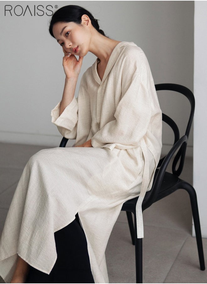 roaiss - Women's Casual Cotton Linen Dress Classic Lapel V-Neckline Loose Long Sleeved Side Slit Fashion Dress - Image 1
