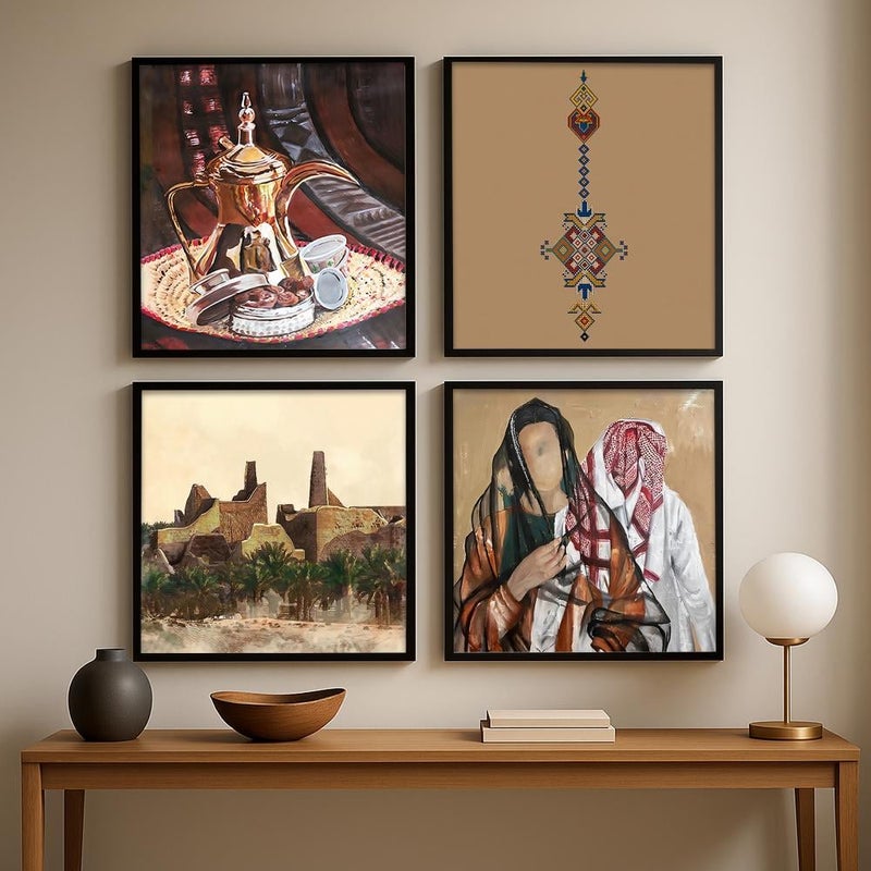 Marktna Four canvas art panels for wall decoration with a hollow black frame in a Najdi art design. - Image 2