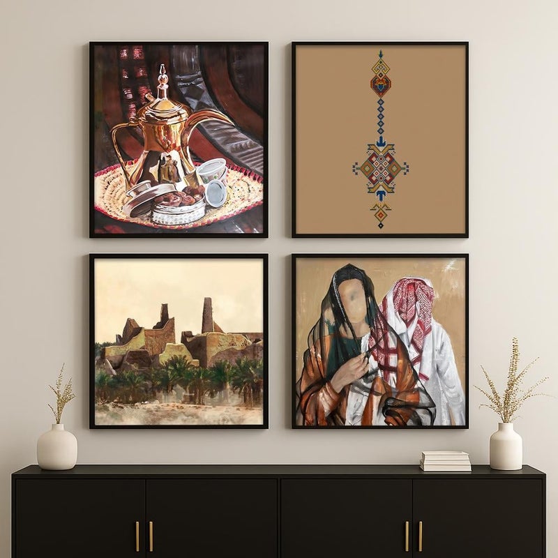 Marktna Four canvas art panels for wall decoration with a hollow black frame in a Najdi art design. - Image 1