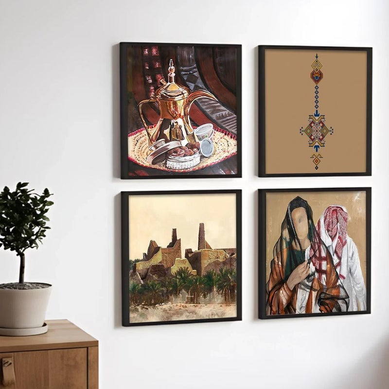 Marktna Four canvas art panels for wall decoration with a hollow black frame in a Najdi art design. - Image 3