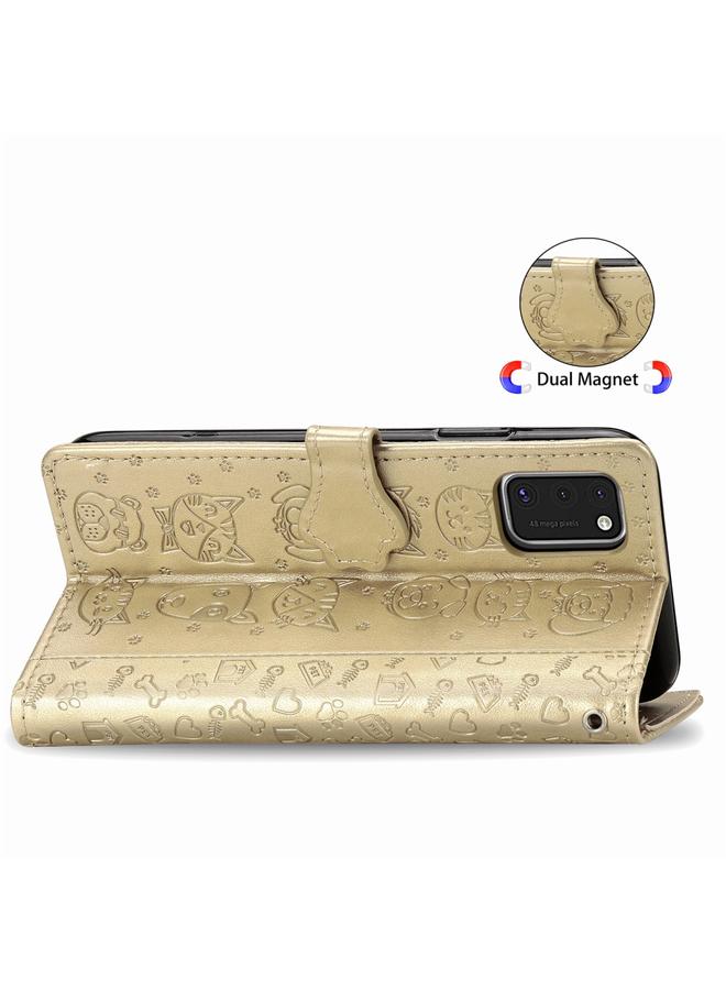 اس-توب جراب لهاتف Galaxy A41 من الجلد المنقوش بشكل قطة وكلب لطيف مع حامل / فتحة بطاقة / محفظة / حبل - Image 4