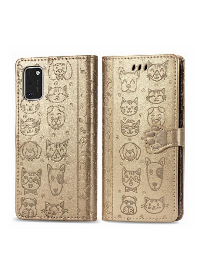 اس-توب جراب لهاتف Galaxy A41 من الجلد المنقوش بشكل قطة وكلب لطيف مع حامل / فتحة بطاقة / محفظة / حبل - Image 1