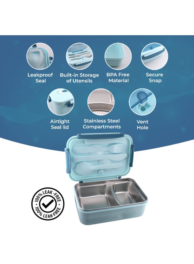 CRAVISTA Stainless Steel Lunch Box for Kids & Adults – 2 Compartment Bento Lunch Box with Cutlery |Insulated Leakproof Lunchbox, BPA Free 1200ml Tiffin for School, Office, Travel (Blue) - Image 3