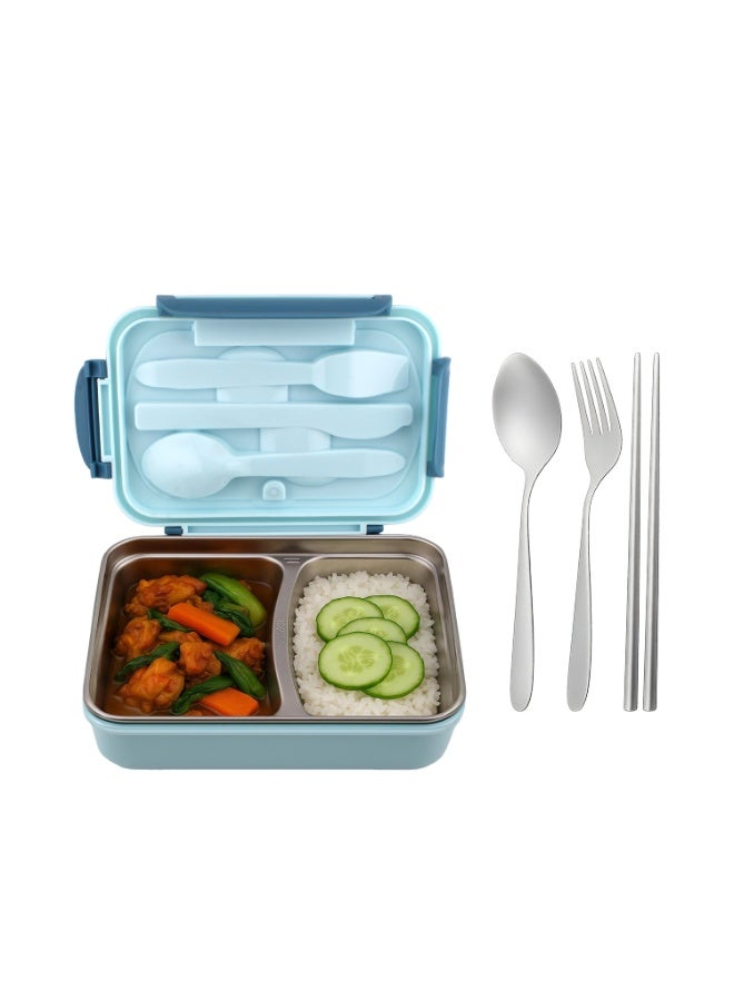 CRAVISTA Stainless Steel Lunch Box for Kids & Adults – 2 Compartment Bento Lunch Box with Cutlery |Insulated Leakproof Lunchbox, BPA Free 1200ml Tiffin for School, Office, Travel (Blue) - Image 2