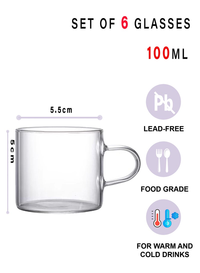 6 أكواب قهوة زجاجية شفافة عالية البورسليكات، سعة 100 مل - أكواب قهوة بتصميم مقبض للقهوة والمشروبات والاستخدام اليومي - Image 2