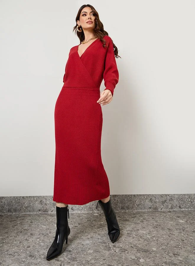 Styli Wrap Front Ribbed Sweater Midi Winter Dress
