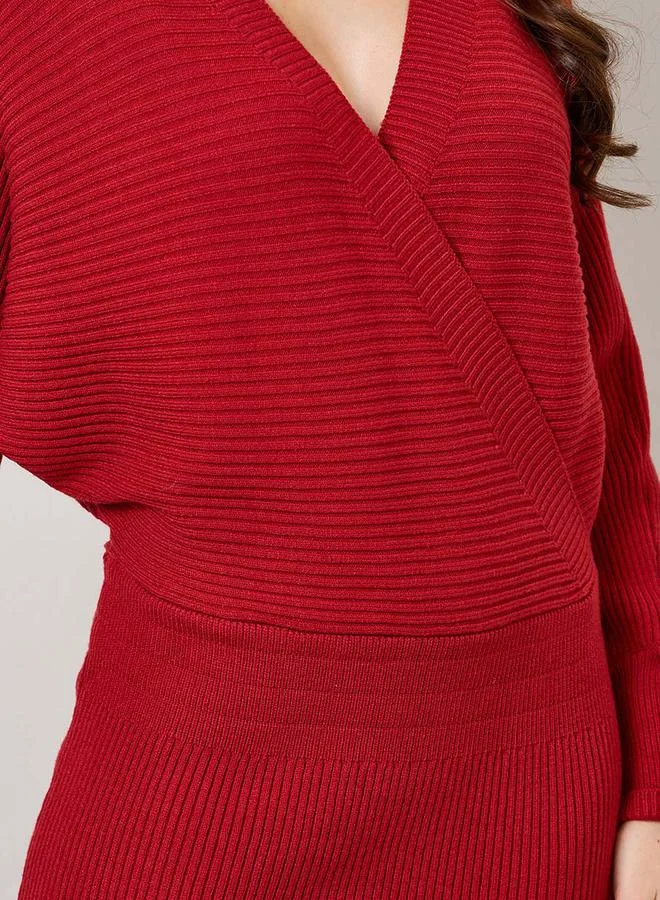 Styli Wrap Front Ribbed Sweater Midi Winter Dress
