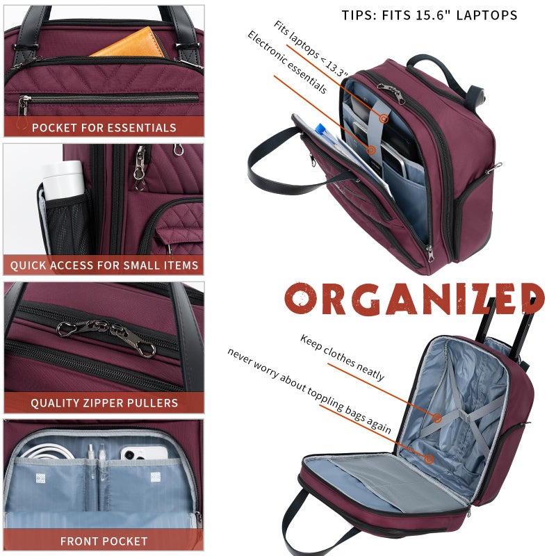 KROSER Carry On Underseat Multi-functional, 16-inch Underseater Lightweight Overnight Suitcase for Women, Burgundy - Image 4