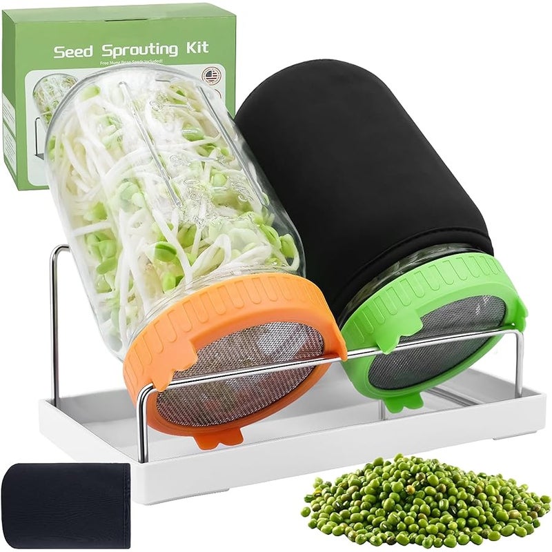 Seed Sprouting Kit with Seeds, 2 Large Wide Mouth Mason Jars with Sprout Lids, Blackout Sleeves, Drain Tray, Stainless Steel Stand, Sprouts Growing Kit for Growing Bean Alfalfa Sprout Seeds - Image 1