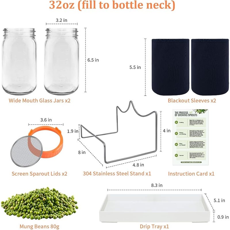 Seed Sprouting Kit with Seeds, 2 Large Wide Mouth Mason Jars with Sprout Lids, Blackout Sleeves, Drain Tray, Stainless Steel Stand, Sprouts Growing Kit for Growing Bean Alfalfa Sprout Seeds - Image 2