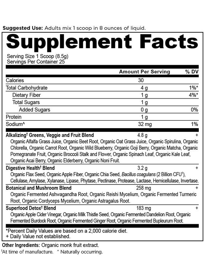آينشنت نيوترشن مسحوق سوبر جرينز القلوي والتخلص من السموم من Ancient Nutrition، مسحوق عضوي فائق الجودة مصنوع من فواكه وخضراوات وأعشاب حقيقية، لدعم الهضم والطاقة، 25 حصة، 7.5 أونصة - Image 1