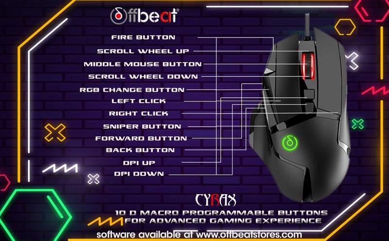 Offbeat – CYRAX Wired Gaming 10D Macro Buttons Mouse | RGB Carpet Light 20K DPI | 1000Hz Polling Rate - Image 3