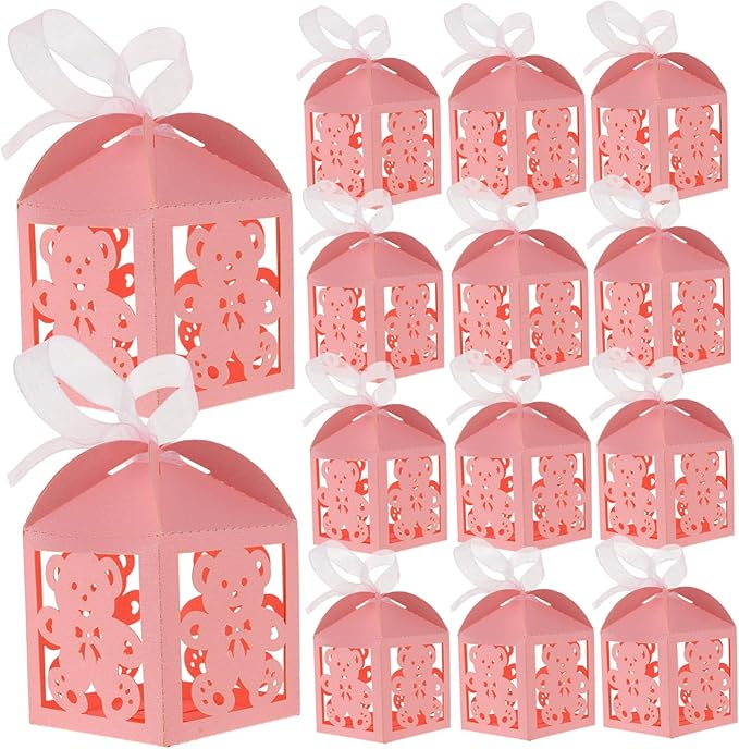 Pink Hollow Bear Candy Boxes 50pcs for Birthday Party Wedding Shower Treats - Image 1