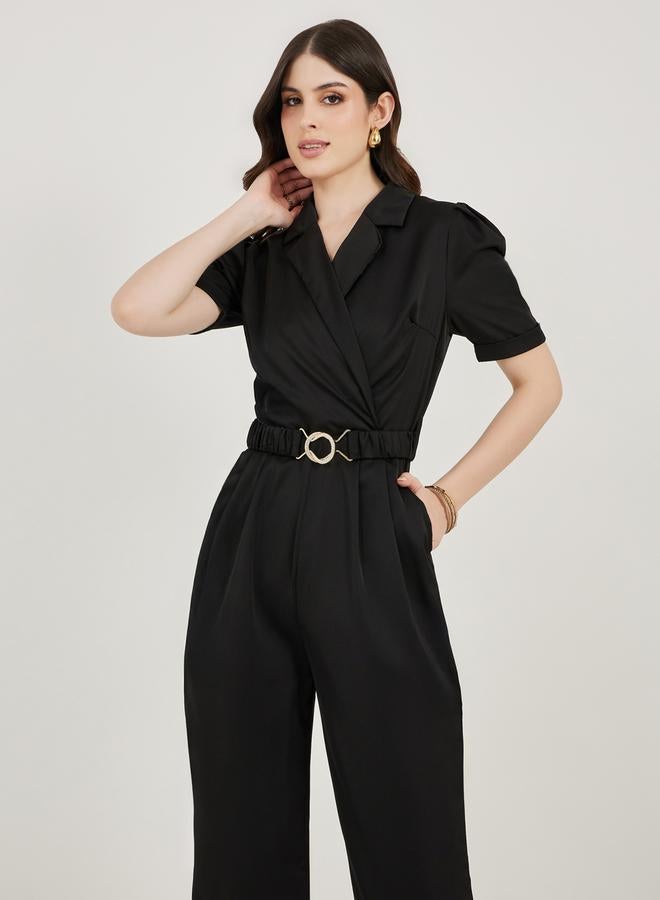 Styli Lapel Collar Straight Leg Jumpsuit with Elasticated Belt - Image 2