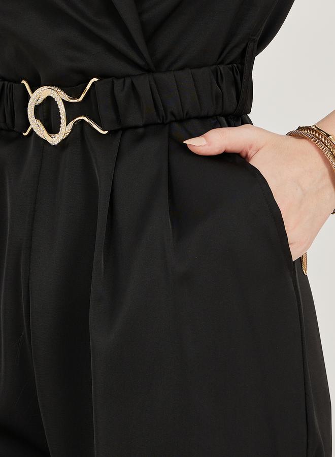 Styli Lapel Collar Straight Leg Jumpsuit with Elasticated Belt - Image 3