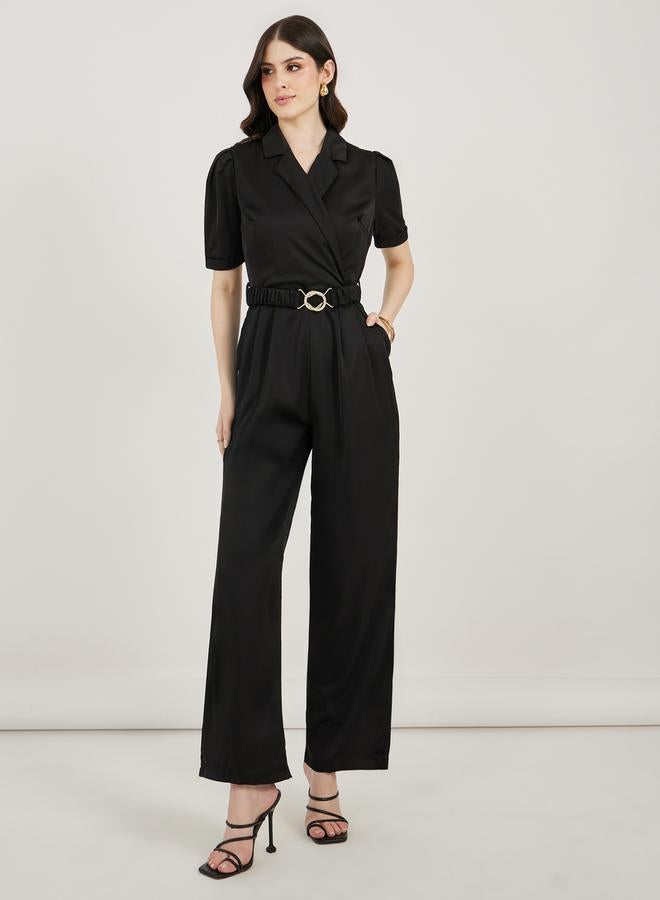 Styli Lapel Collar Straight Leg Jumpsuit with Elasticated Belt - Image 1