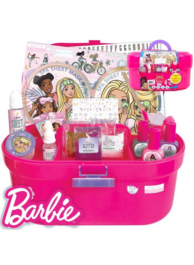Barbie Cosmetic Case by Horizon Group USA, DIY Beauty Kit for an at-Home Spa Day, Create Your Own Face Sheet Masks, Nail Art & Body Glitter, Includes Reusable Storage Case with Removable Tray - Image 1