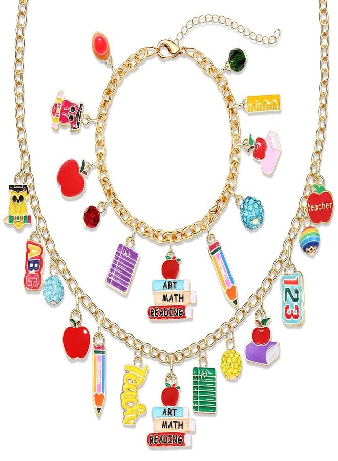 YAHPERN Teacher Necklace Earrings Bracelet for Women, Teacher Accessories, Cute Pencil Book Charms Bracelet Choker Necklace Earrings Teacher Appreciation Gifts Back To School Jewelry (Teacher) - Image 1