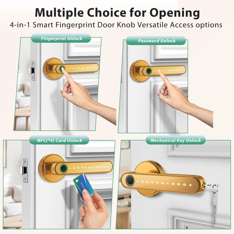 Evanshow Fingerprint Door Lock Biometric Door Knob with Keypad Keyless Entry, Door Locks for Bedrooms, Home Hotel Office Apartment Gold - Image 3
