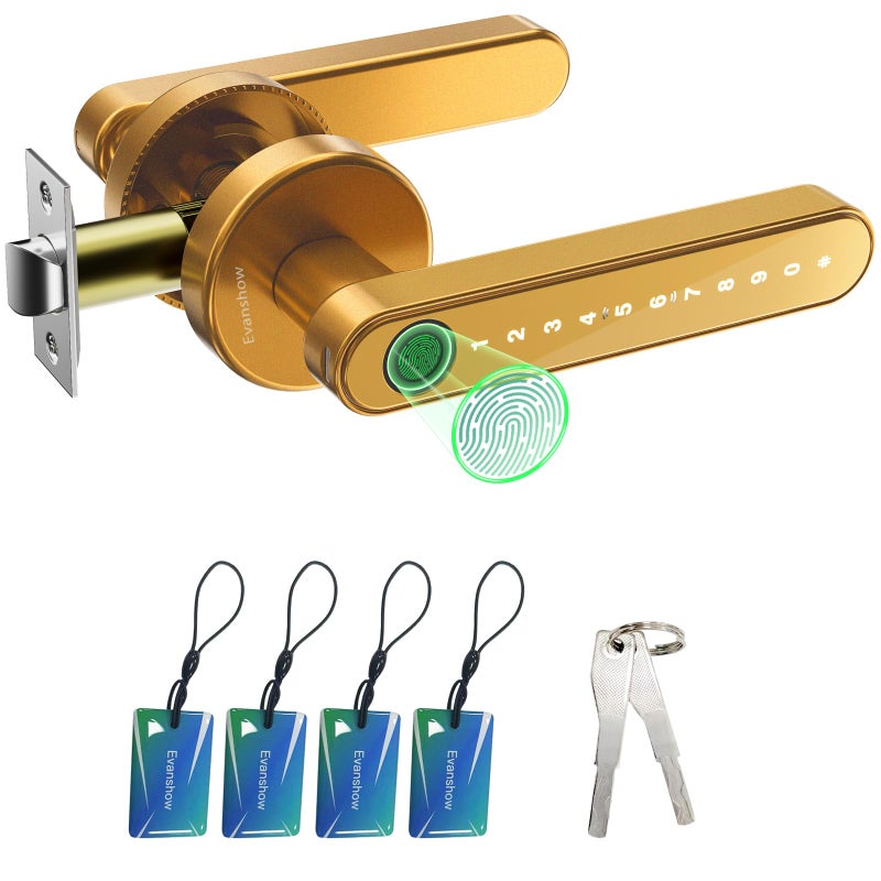 Evanshow Fingerprint Door Lock Biometric Door Knob with Keypad Keyless Entry, Door Locks for Bedrooms, Home Hotel Office Apartment Gold - Image 1