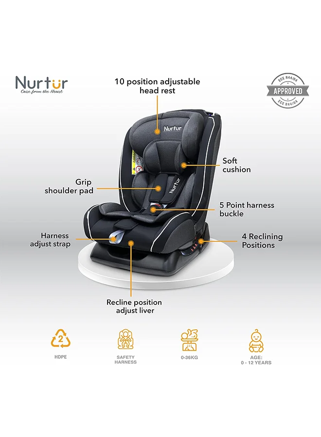 نورتر Otto Baby/Kids 4-in-1 Car Seat - 4 Position Recline 5-Point Safety Harness – 10 Level Adjustable Headrest, 0 months to 12 years (Group 0+/1/2/3), Upto 36kg - Black Multi