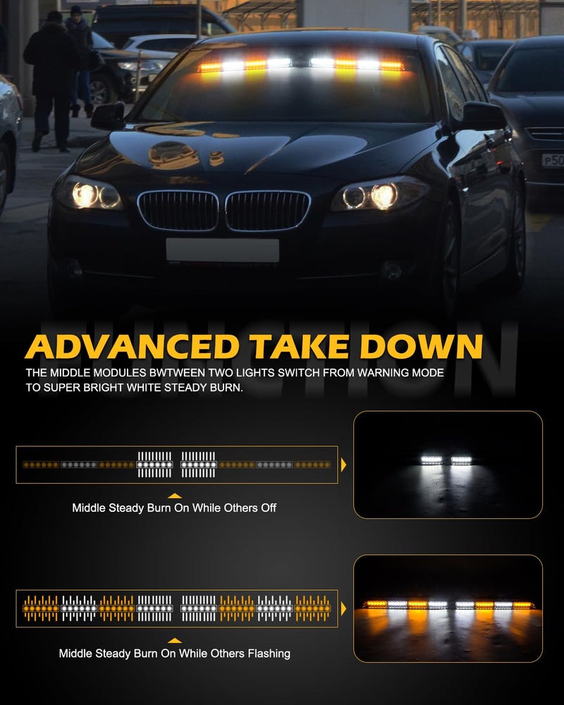 HLauto 604N Emergency Dash Strobe Lights: 2x16.8 inch Amber White Security Light w/Take Down, 48 LED Safety Flashing Warning Hazard Interior Windshield Light Bar for Truck Vehicle - Image 4