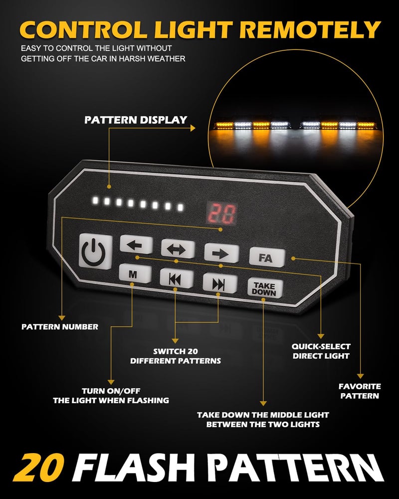 HLauto 604N Emergency Dash Strobe Lights: 2x16.8 inch Amber White Security Light w/Take Down, 48 LED Safety Flashing Warning Hazard Interior Windshield Light Bar for Truck Vehicle - Image 5