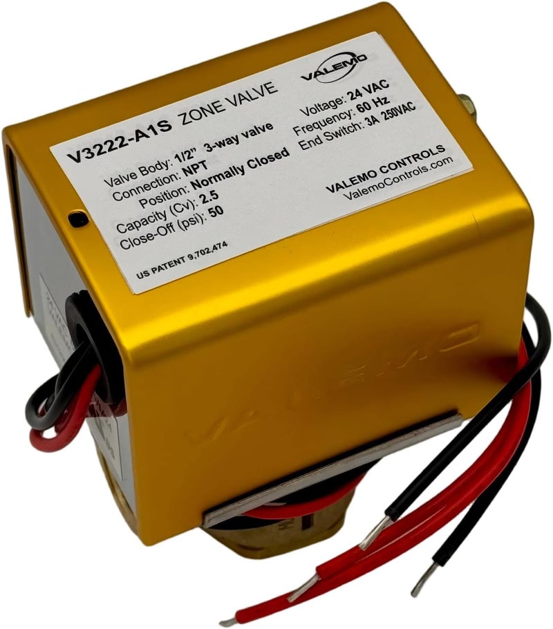 Valemo V3222-A1S Motorized Zone Valve, 3-way, 1/2" Threaded NPT, Normally Closed, 24 VAC with End Switch - Image 1