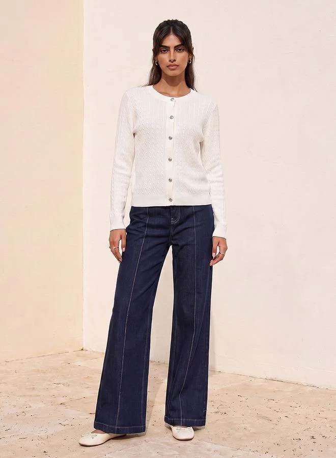 Splash FAV BLUE Denim Wide Leg Buttoned Waist Pants for Women | Best Price UAE
