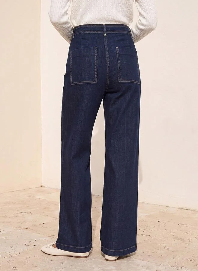 Splash FAV BLUE Denim Wide Leg Buttoned Waist Pants for Women | Best Price UAE