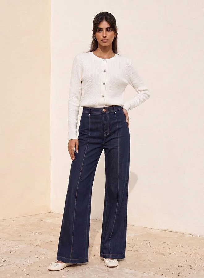 Splash FAV BLUE Denim Wide Leg Buttoned Waist Pants for Women | Best Price UAE