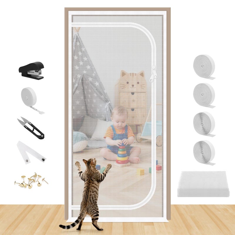 Mypin Adjustable Size Reinforced Cat Screen Door, Fits Door Opening Size Widths from 33.4-40.9Inch, Heights from 78-87.4Inch, Customizable DIY Sized Heavy Duty Pets Proof Screen Door with Bilateral Zipper - Image 1