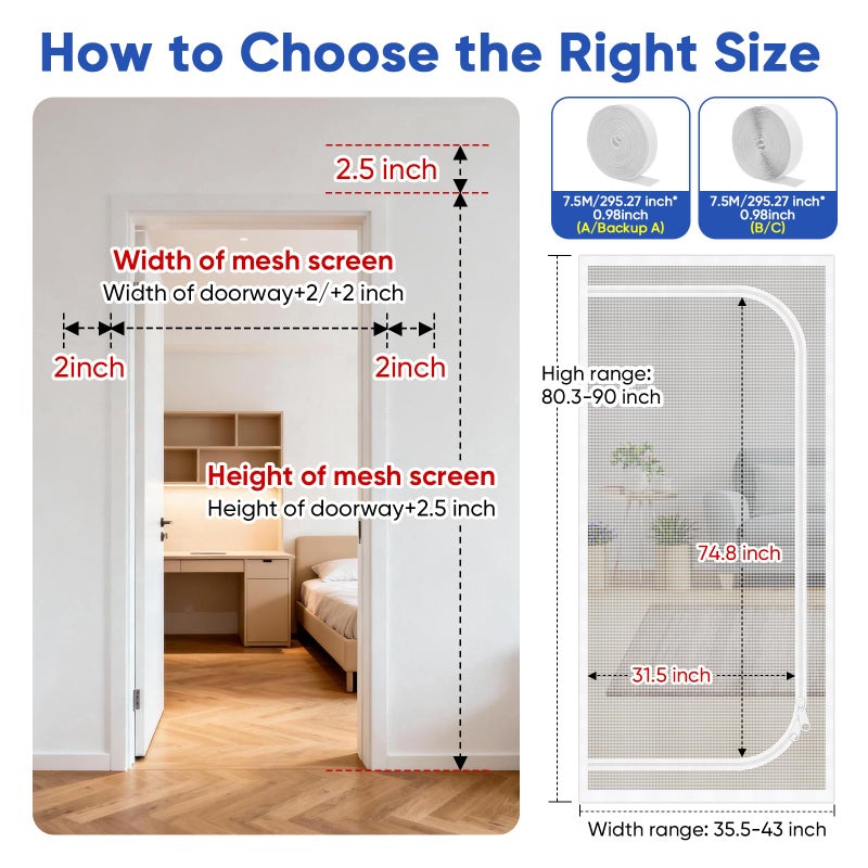 Mypin Adjustable Size Reinforced Cat Screen Door, Fits Door Opening Size Widths from 33.4-40.9Inch, Heights from 78-87.4Inch, Customizable DIY Sized Heavy Duty Pets Proof Screen Door with Bilateral Zipper - Image 2