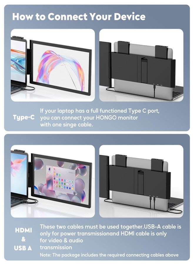 Hongo Laptop Screen Extender,14" FHD 1080P IPS Dual Screen,Attachment Screen Extended Extra Screen, Portable Monitor for Laptops 14-16" with USB-C/HDMI Port, Plug n Play for Windows/Mac/Android/Switch/PS5 - Image 3