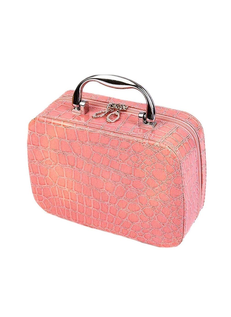 KD ZONE KD ZONE Cosmetic Bag with Steel Handle Makeup Lipstick Storage Box Toiletry Box Organizer with Magnifying Compact Makeup Mirror Steel Handle Leather Cosmetic Bag Pink  - Image 1