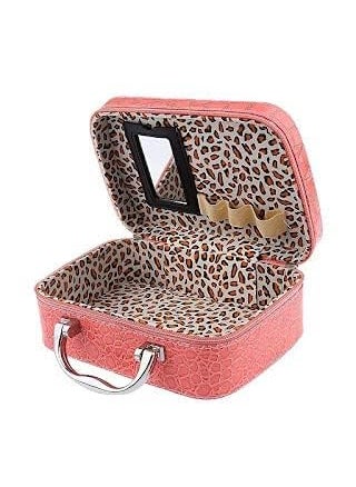 KD ZONE KD ZONE Cosmetic Bag with Steel Handle Makeup Lipstick Storage Box Toiletry Box Organizer with Magnifying Compact Makeup Mirror Steel Handle Leather Cosmetic Bag Pink  - Image 3