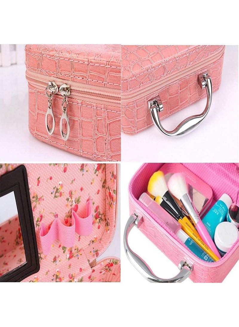 KD ZONE KD ZONE Cosmetic Bag with Steel Handle Makeup Lipstick Storage Box Toiletry Box Organizer with Magnifying Compact Makeup Mirror Steel Handle Leather Cosmetic Bag Pink  - Image 4