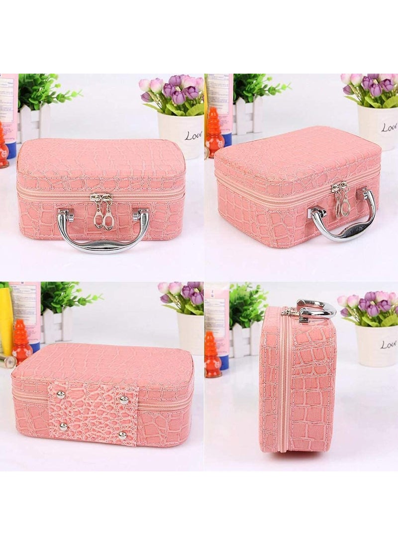 KD ZONE KD ZONE Cosmetic Bag with Steel Handle Makeup Lipstick Storage Box Toiletry Box Organizer with Magnifying Compact Makeup Mirror Steel Handle Leather Cosmetic Bag Pink  - Image 5