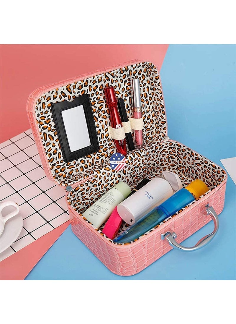 KD ZONE KD ZONE Cosmetic Bag with Steel Handle Makeup Lipstick Storage Box Toiletry Box Organizer with Magnifying Compact Makeup Mirror Steel Handle Leather Cosmetic Bag Pink  - Image 2