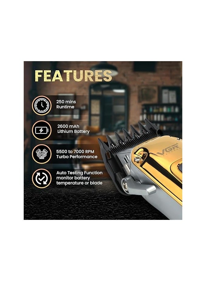 VGR V-006 Professional Hair Clipper, Salon Trimmer with Digital Display, Taper Lever, 5500-7000RPM Button, Ceramic Blade,8 Cutting Combs,250 min Runtime,2600mAh Lithium Battery Gold - Image 2