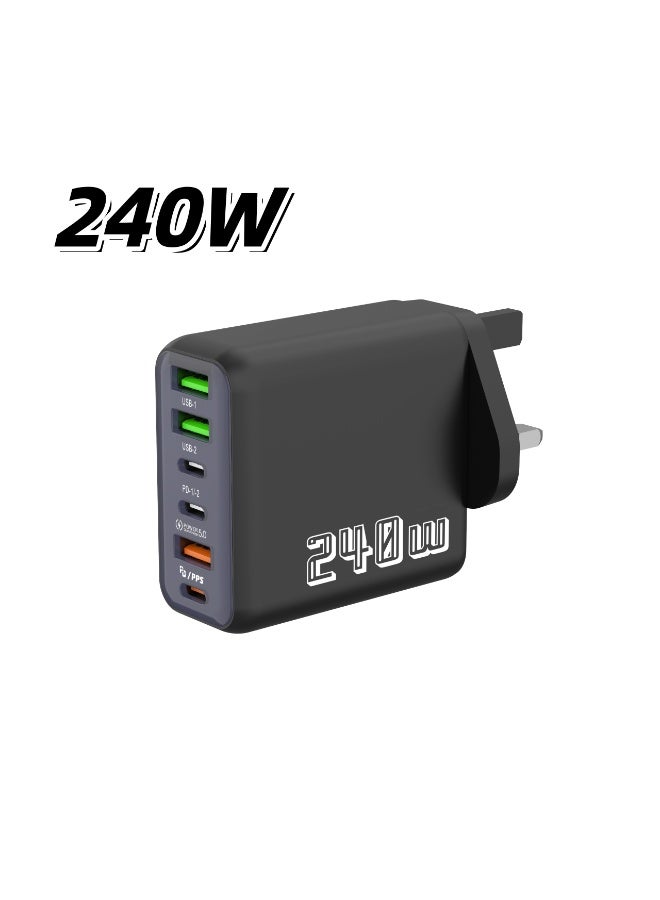 240W UK 6 Ports Multifunctional Super Fast Charger Adapter Mobile Phone Wall Charger Travel Power Adapter Black - Image 1
