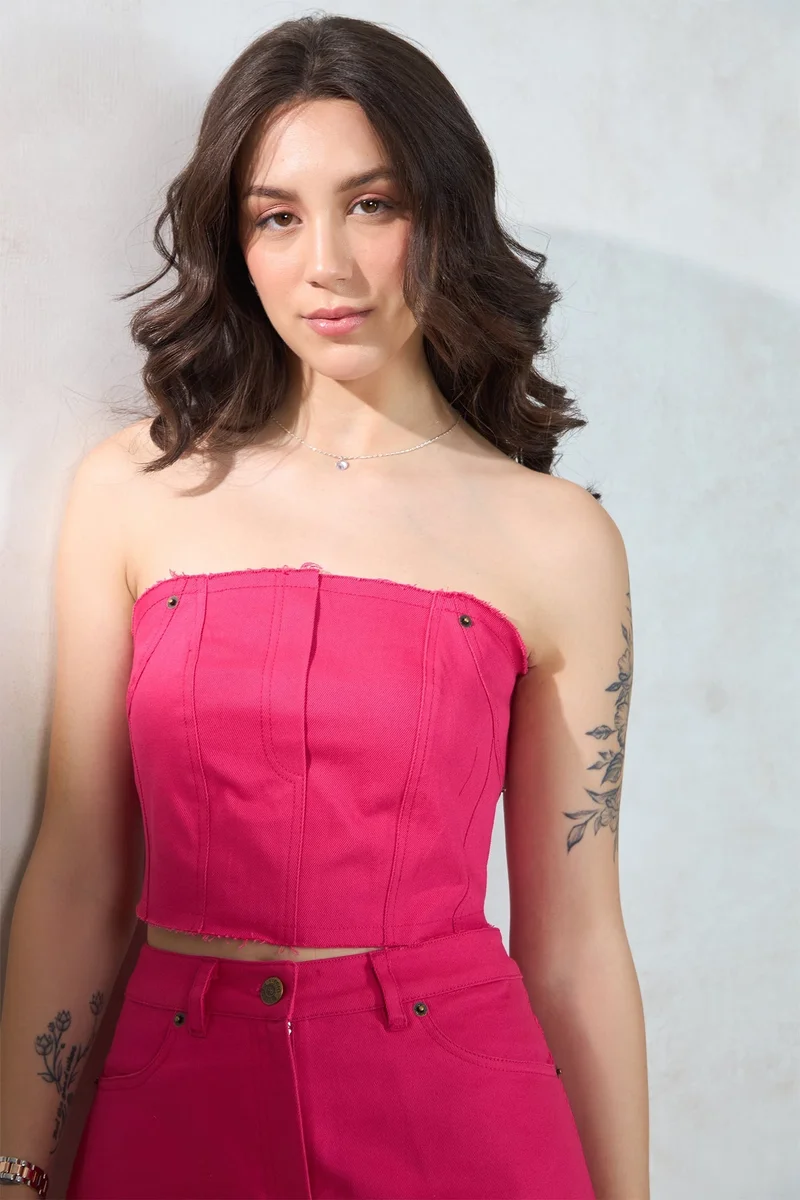 فيرجيو Solid Cotton Stretch Raw Edge Drill Bandeau for Women