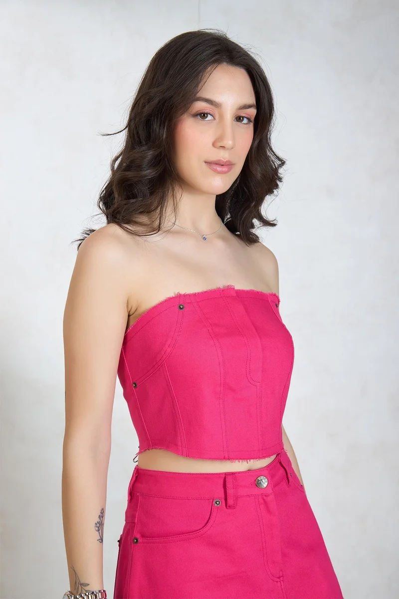 فيرجيو Solid Cotton Stretch Raw Edge Drill Bandeau for Women