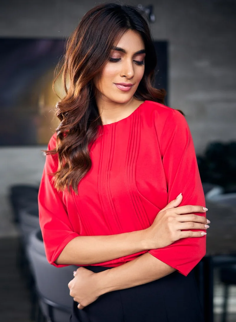 Zigzag Front Pintuck Long Sleeve Red Top