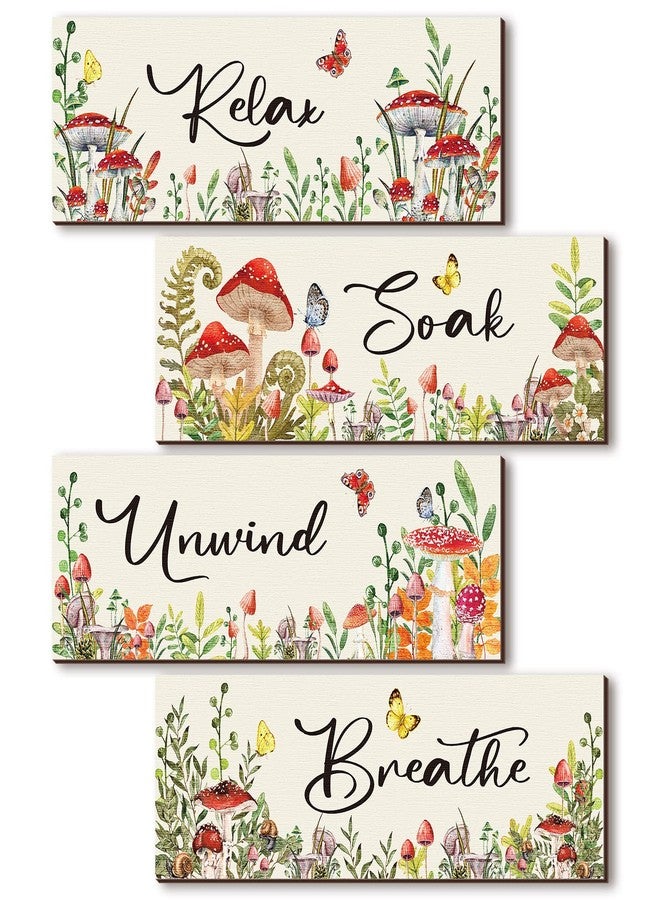 Lothee 4 Pcs Mushroom Watercolor Floral Wall Art Bathroom Decor Relax Soak Unwind Breathe Wall Decor Sign Bathroom Butterfly Flower Picture Print Painting Artwork Bouquet for Home(Mushroom) - Image 1