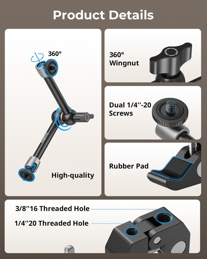 SMALLRIG Clamp w/ 1/4" and 3/8" Thread and 9.8 Inches Adjustable Friction Power Articulating Magic Arm with 1/4" Thread Screw for LCD Monitor/LED Lights - KBUM2732B - Image 2